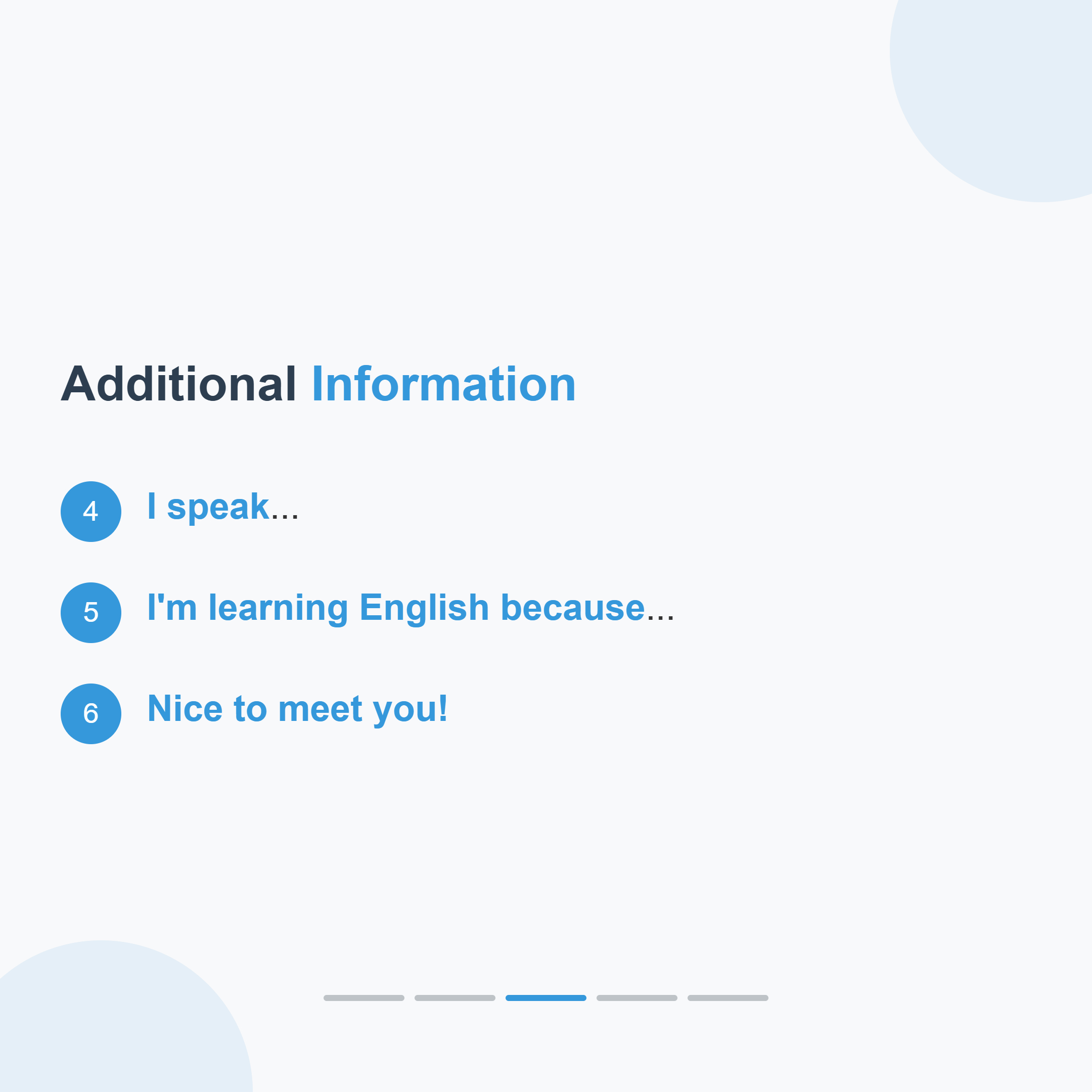 Professional carousel design showing conversation starters for English learners